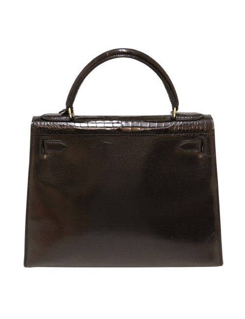 HERMES Kelly 28 Vintage black Box leather and crocodile