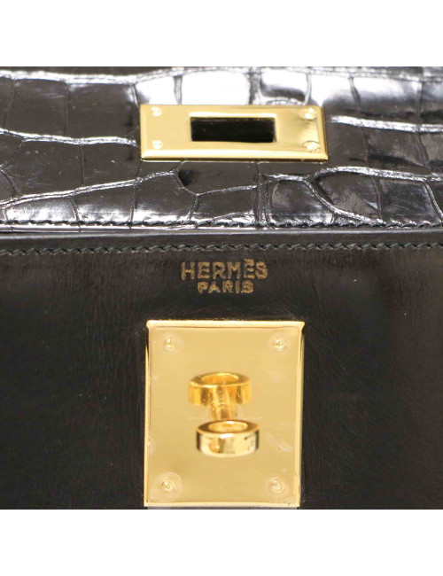 HERMES Kelly 28 Vintage black Box leather and crocodile