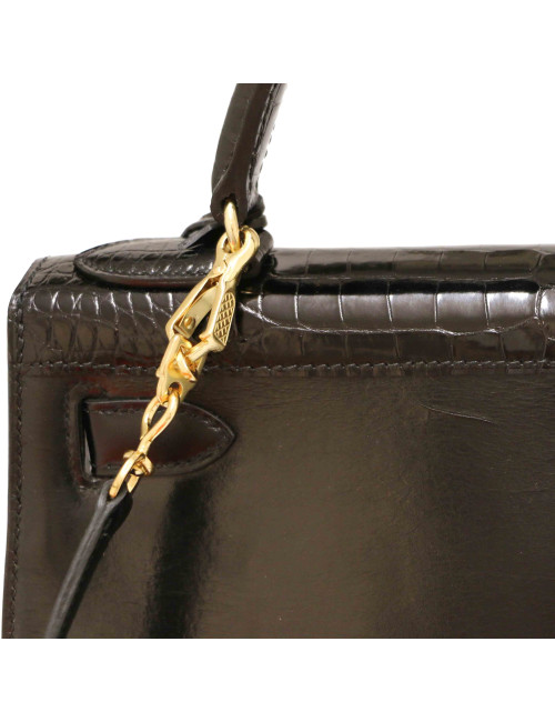 HERMES Kelly 28 Vintage black Box leather and crocodile
