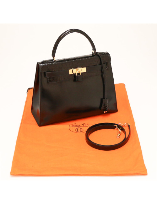 HERMES Kelly 28 Vintage black Box leather and crocodile
