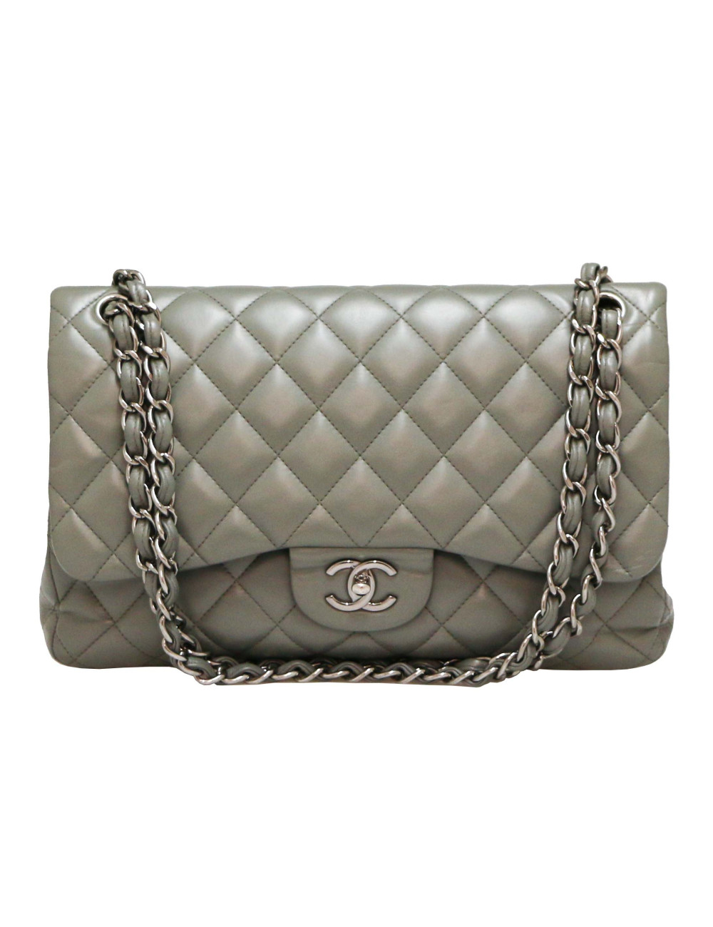 Jumbo CHANEL cuir lisse matelassé gris