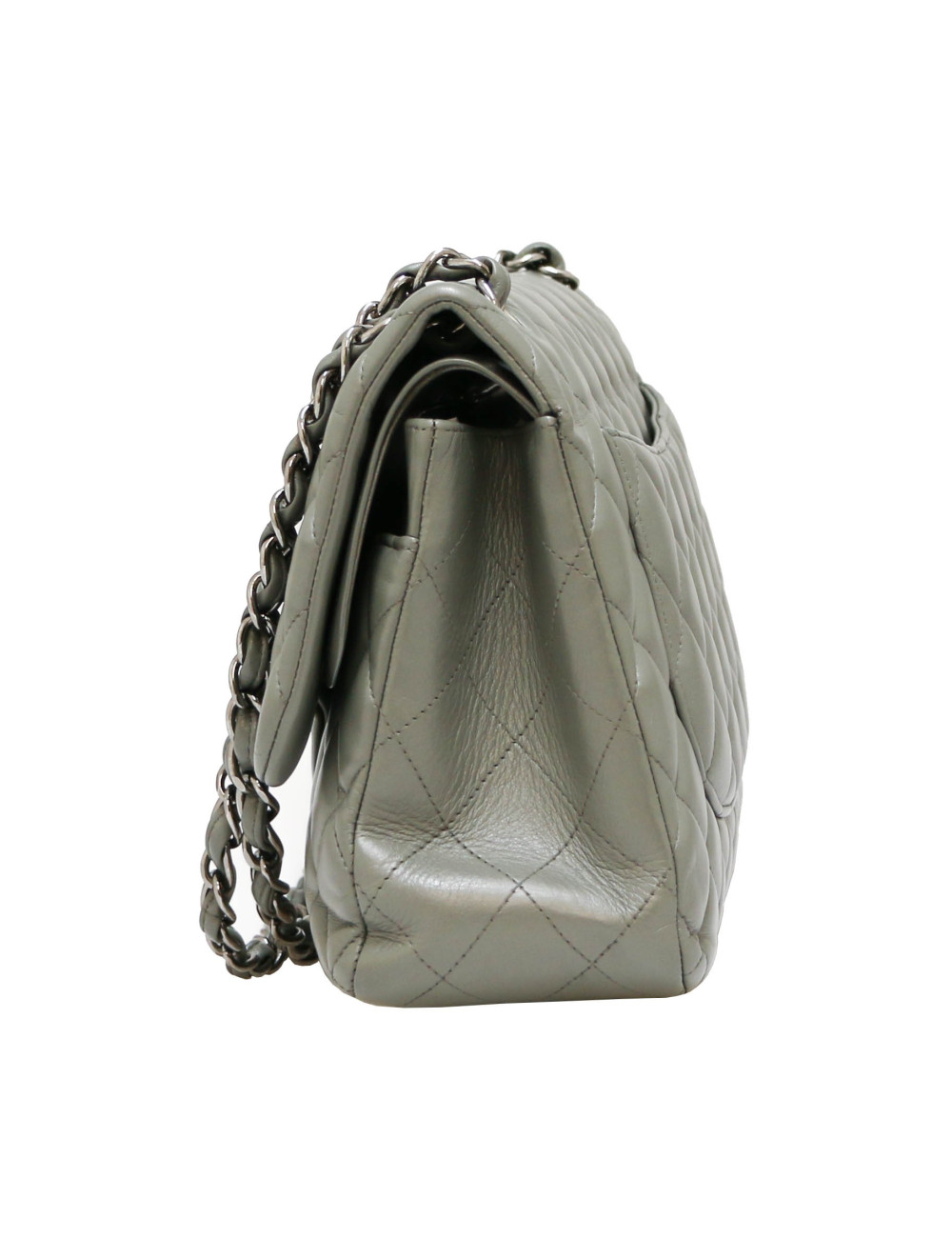 Jumbo CHANEL cuir lisse matelassé gris