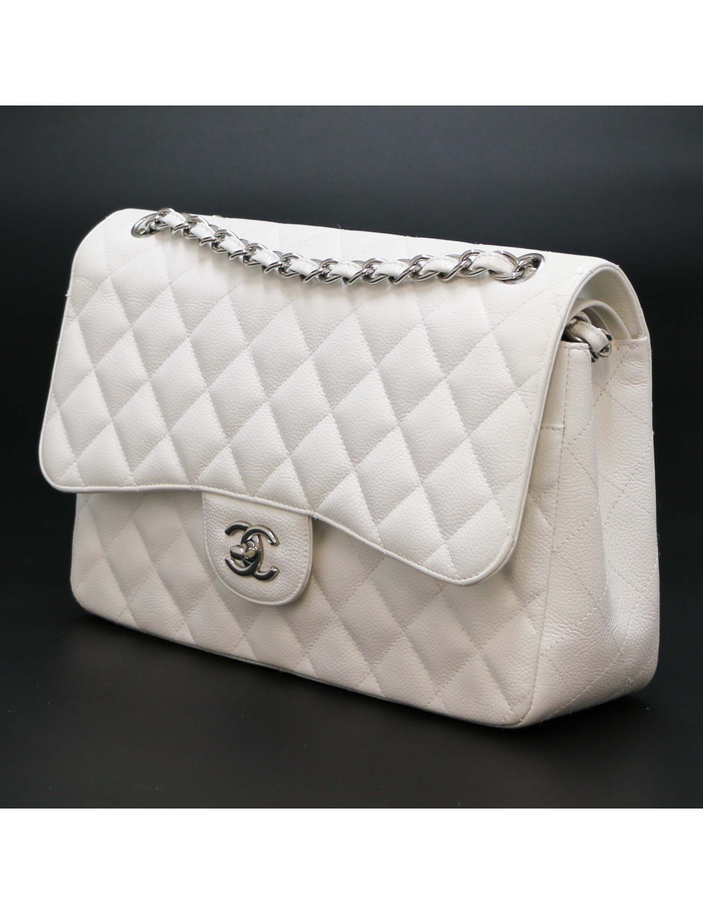 Jumbo CHANEL cuir grainé blanc