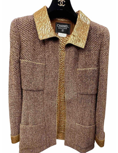  Veste CHANEL T 36  laine marron et beige avec haut en soie lamé or 