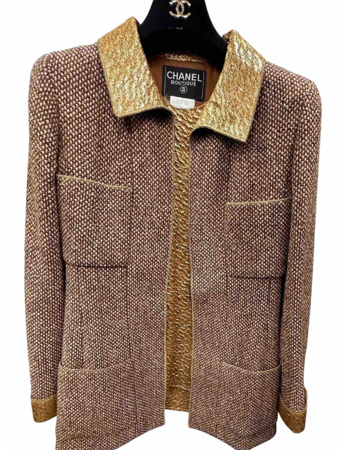 Veste CHANEL T 36  laine marron et beige avec haut en soie lamé or 