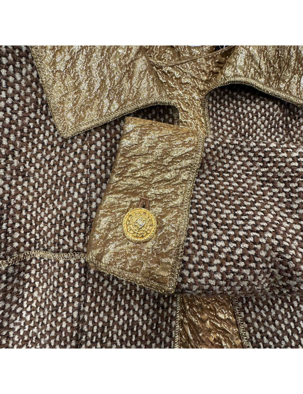  Veste CHANEL T 36  laine marron et beige avec haut en soie lamé or 