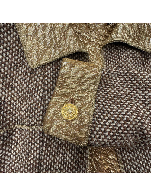  Veste CHANEL T 36  laine marron et beige avec haut en soie lamé or 