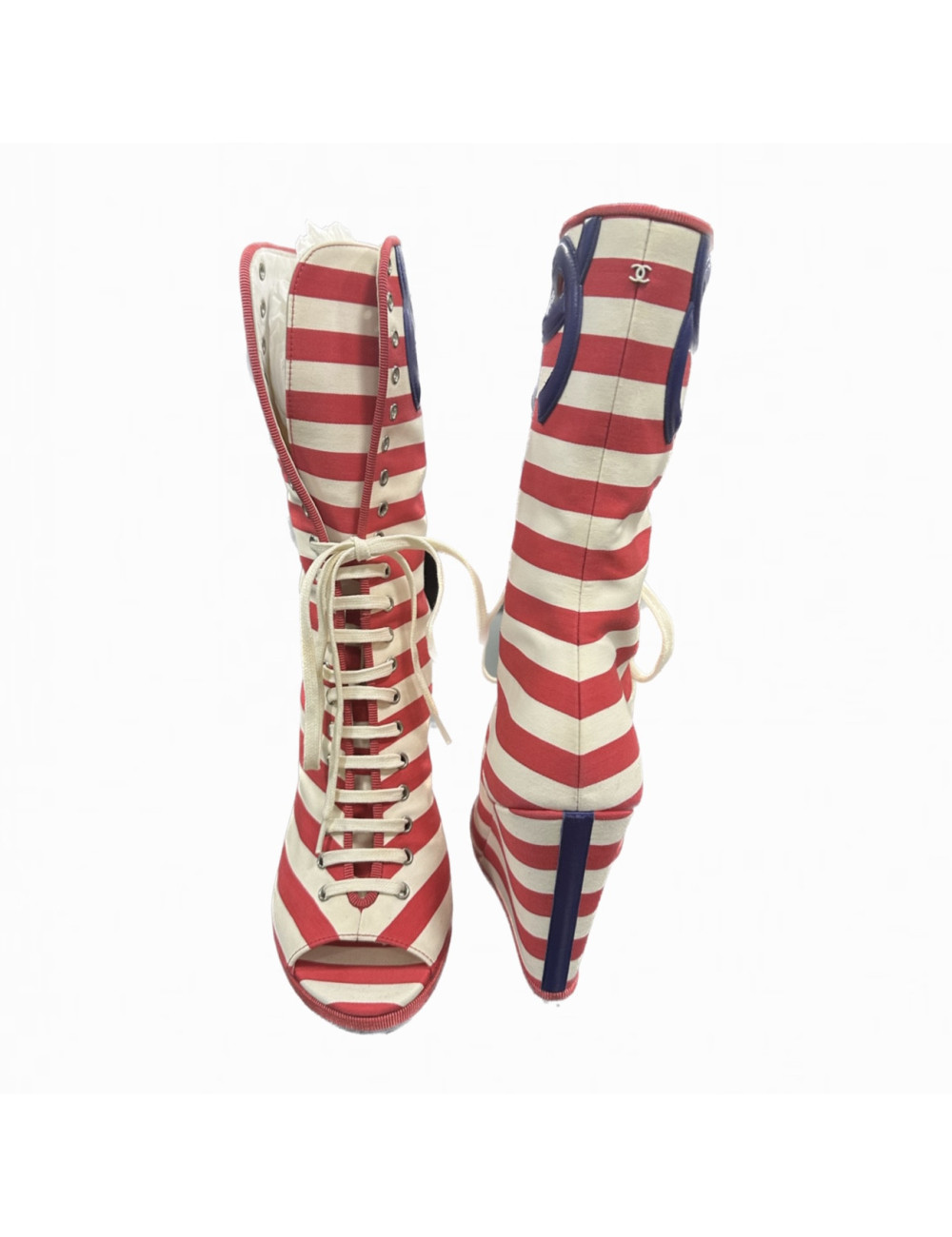 CHANEL pink and white striped open-toe boots