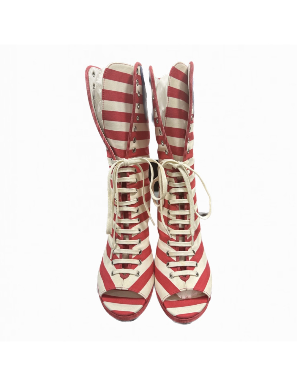 CHANEL pink and white striped open-toe boots