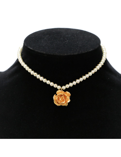 Collier perles DIOR pendentif rose métal doré