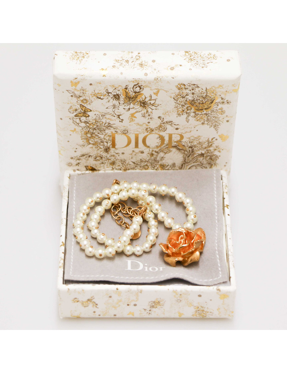 Collier perles DIOR pendentif rose métal doré