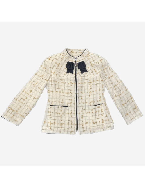 Veste CHANEL blanc et doré gansé de noir