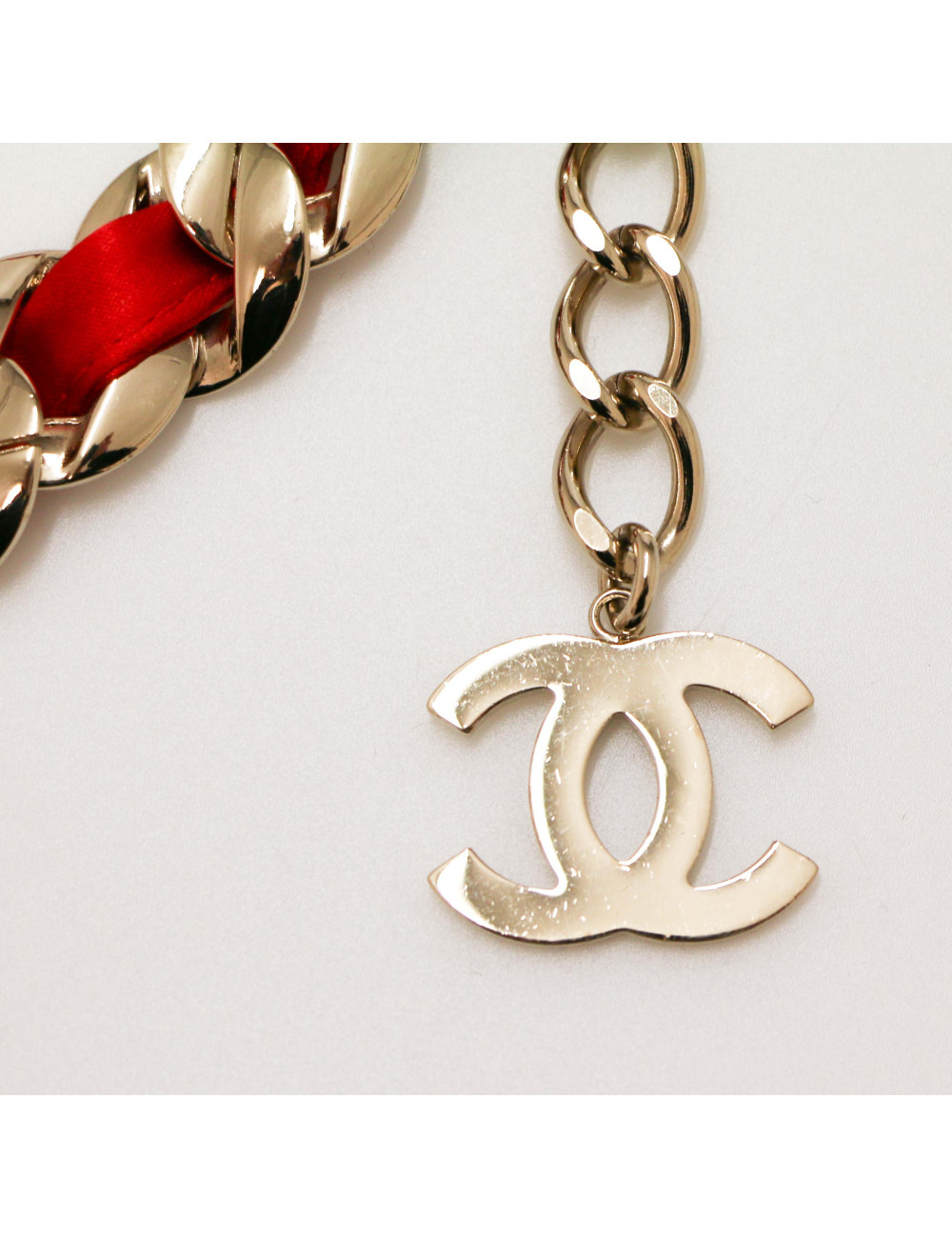 Ceinture CHANEL chaine métal satin rouge