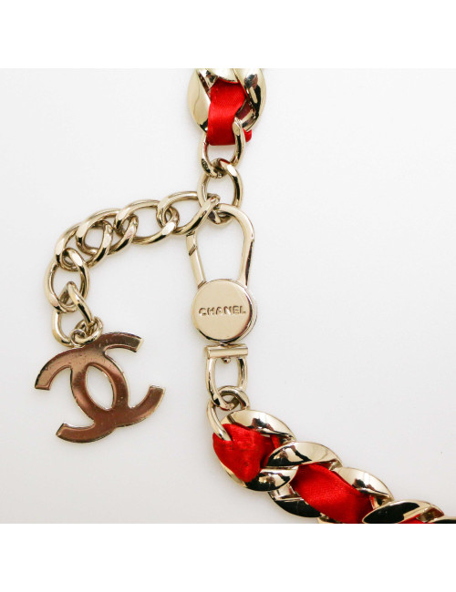 Ceinture CHANEL chaine métal satin rouge