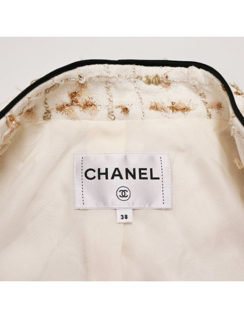 Veste CHANEL blanc et doré gansé de noir