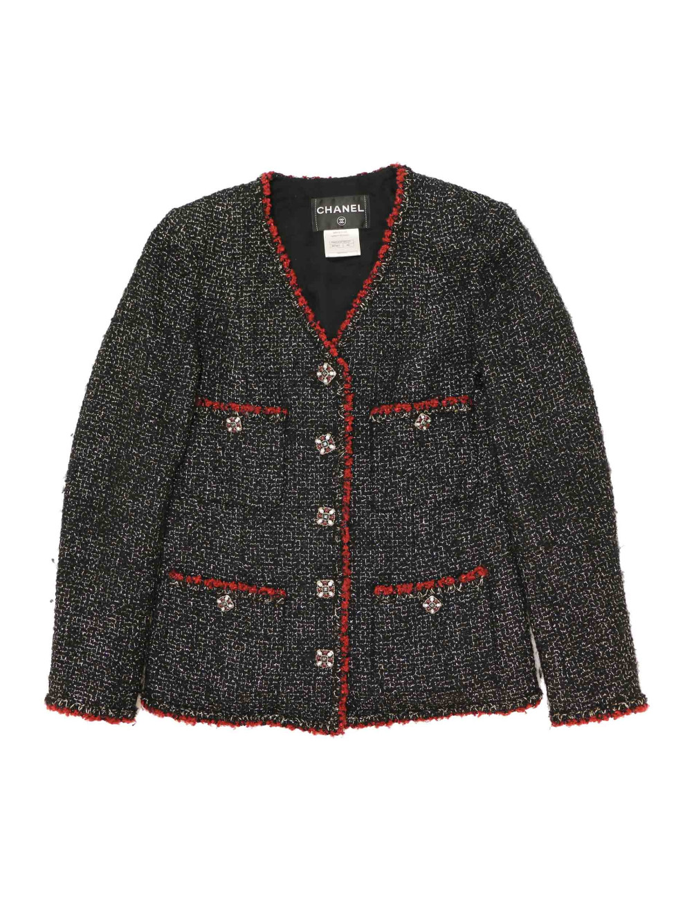 Veste CHANEL t 40 tweed noir et or gansé de rouge