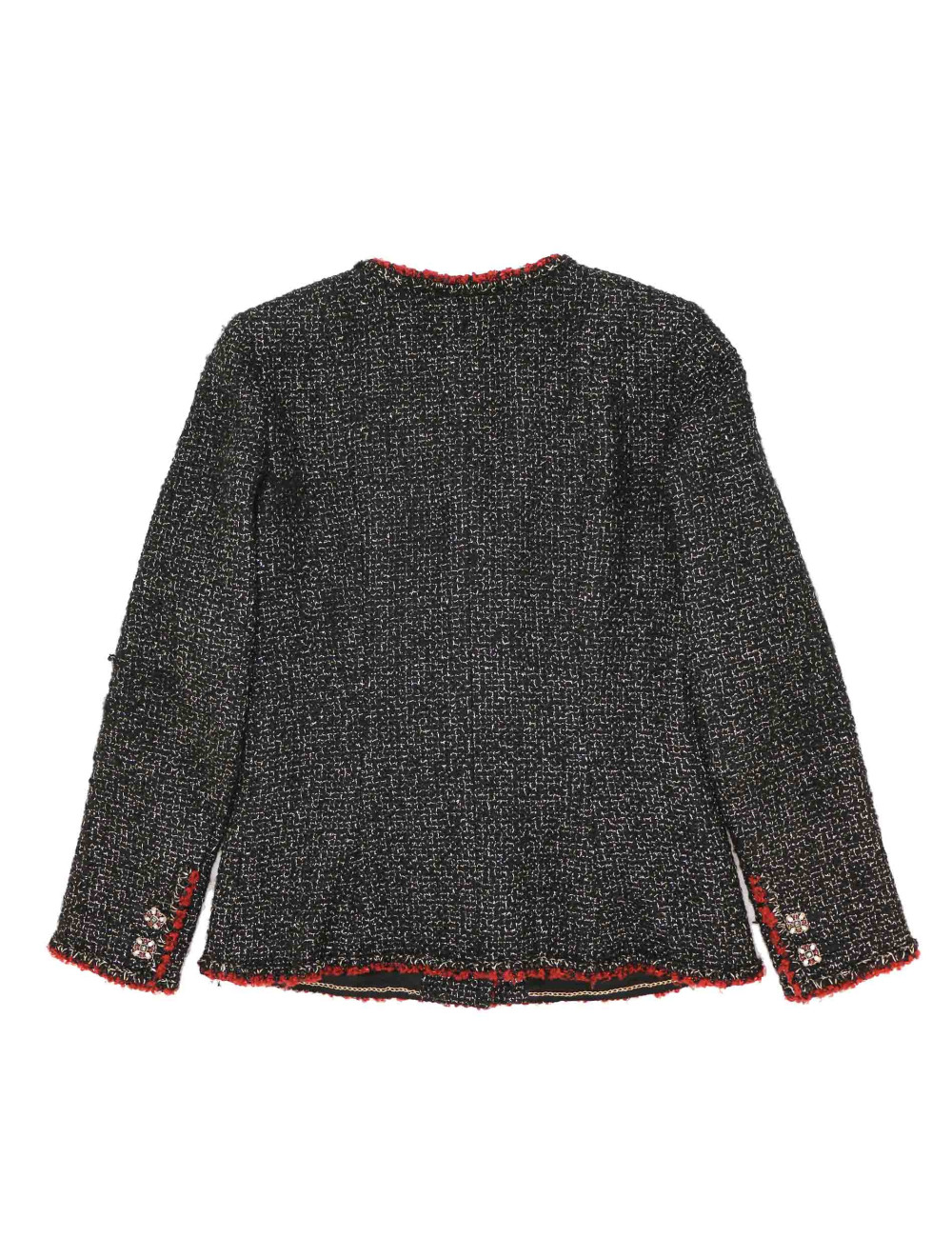 Veste CHANEL t 40 tweed noir et or gansé bordeaux