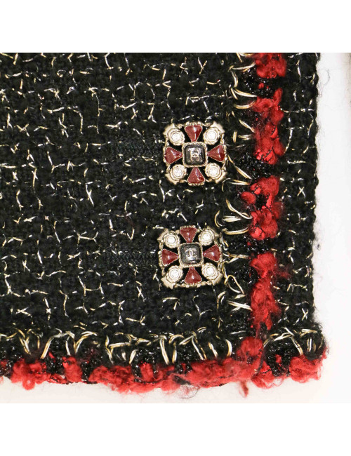 Veste CHANEL t 40 tweed noir et or gansé bordeaux