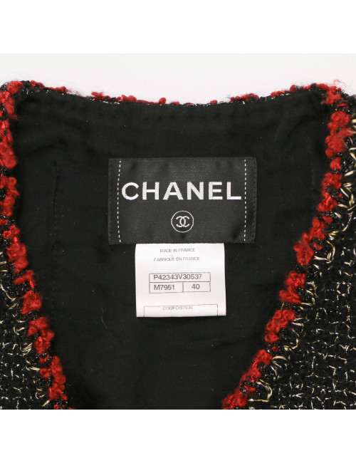 Veste CHANEL t 40 tweed noir et or gansé bordeaux