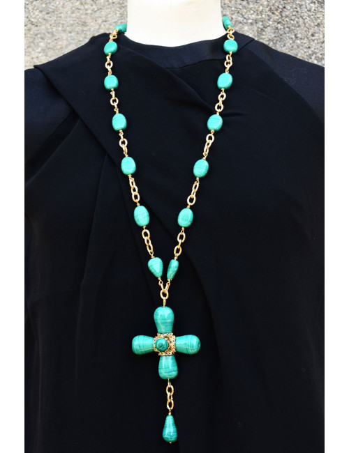Collier Croix MARGUERITE DE VALOIS pâte de verre vert jade