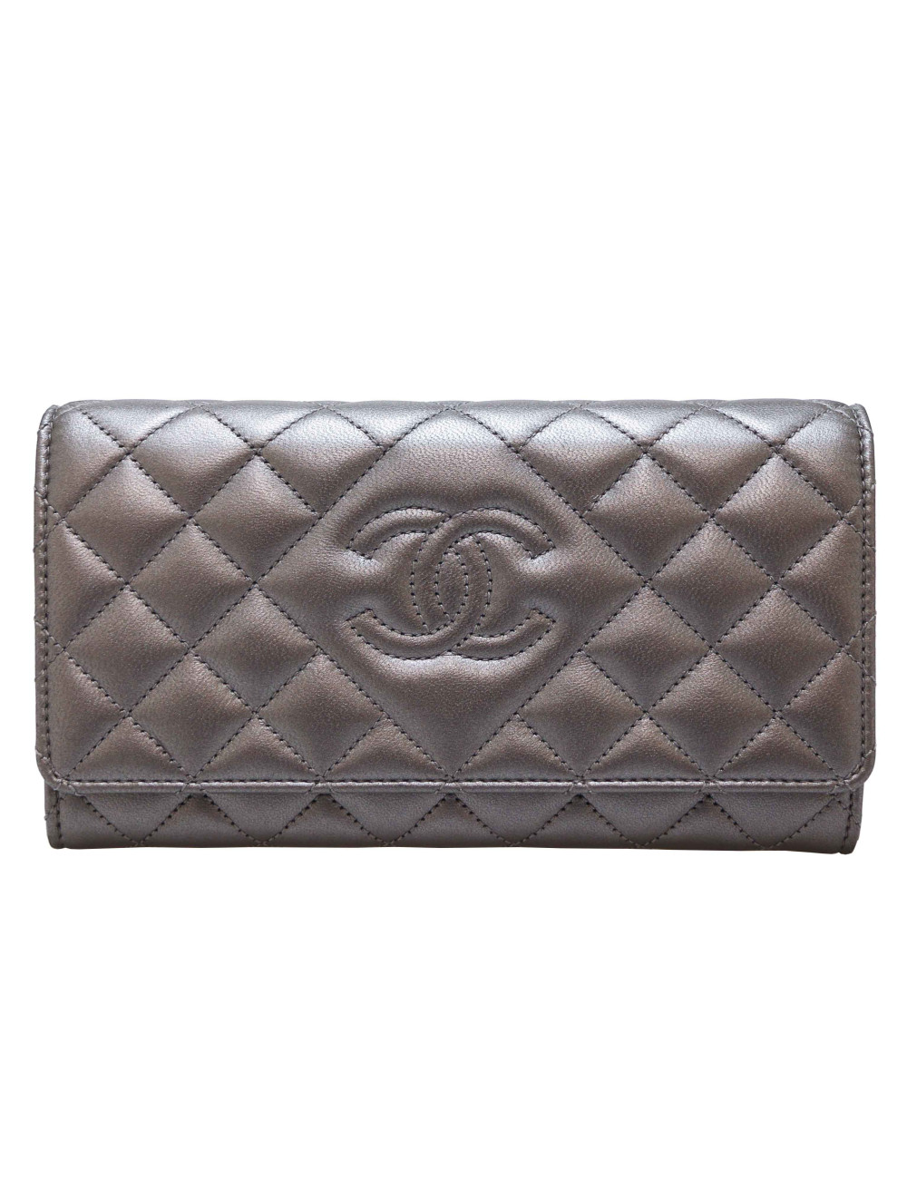 Porte-monnaie CHANEL cuir matelassé argent mat