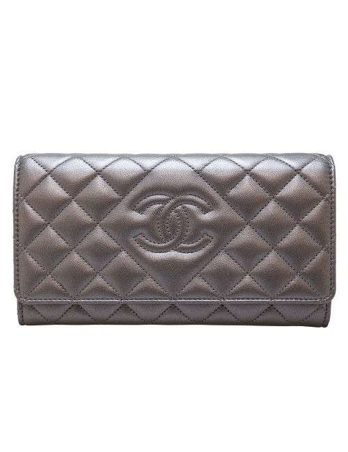 Porte-monnaie CHANEL cuir matelassé argent mat