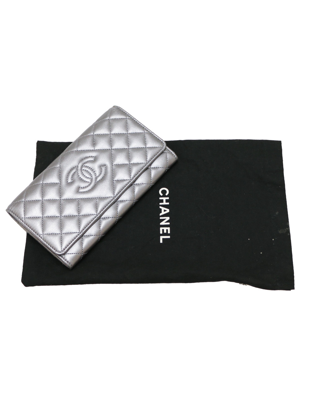 Porte-monnaie CHANEL cuir matelassé argent mat