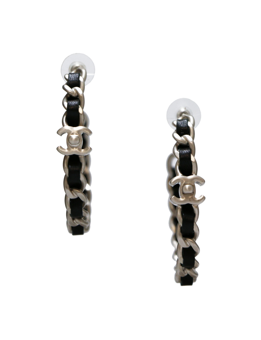 Créoles CHANEL métal entrelacé de cuir noir