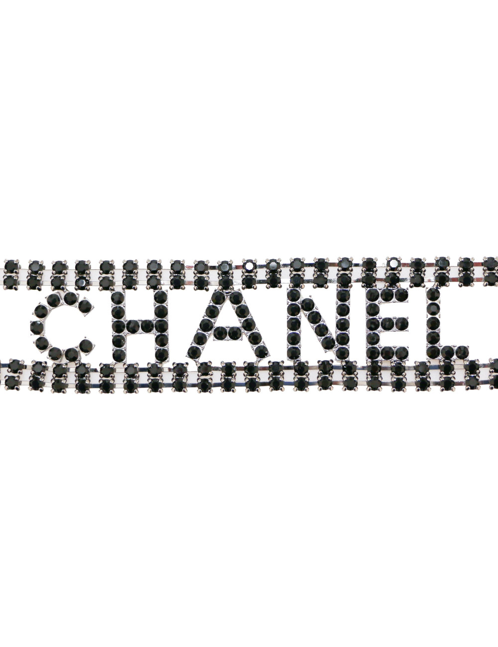 CHANEL black rhinestones belt  spelling C H A N E L