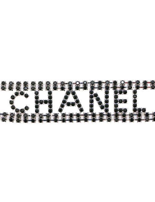 CHANEL black rhinestones belt  spelling C H A N E L