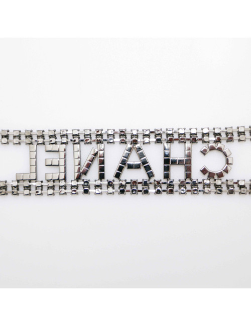 CHANEL black rhinestones belt  spelling C H A N E L