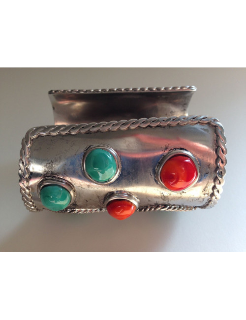 Manchette corail et turquoise MARGUERITE DE VALOIS cabochons pâte de verre et métal argenté