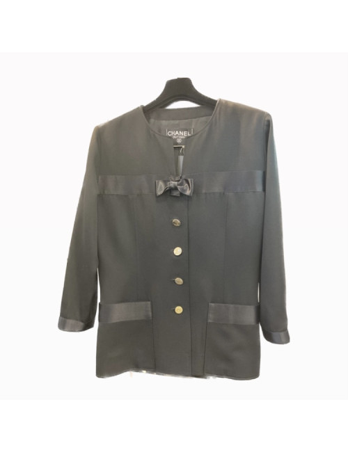  Veste CHANEL en coton noir et ganses en satin 