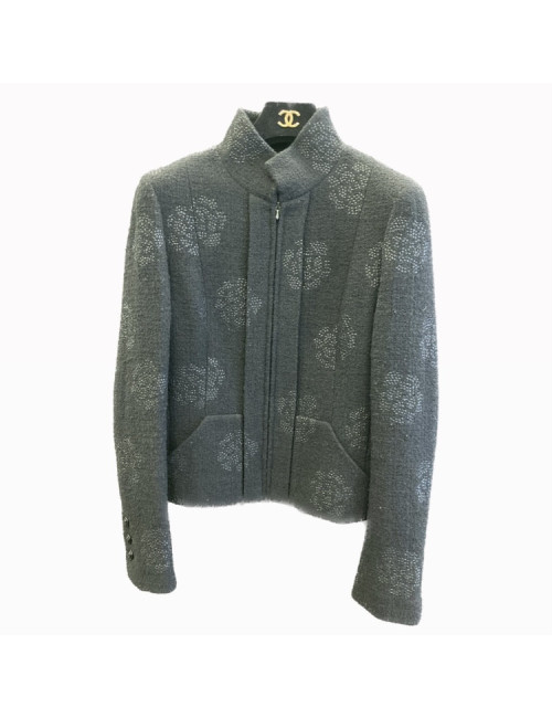 Veste t 38 CHANEL tweed noir camélias 