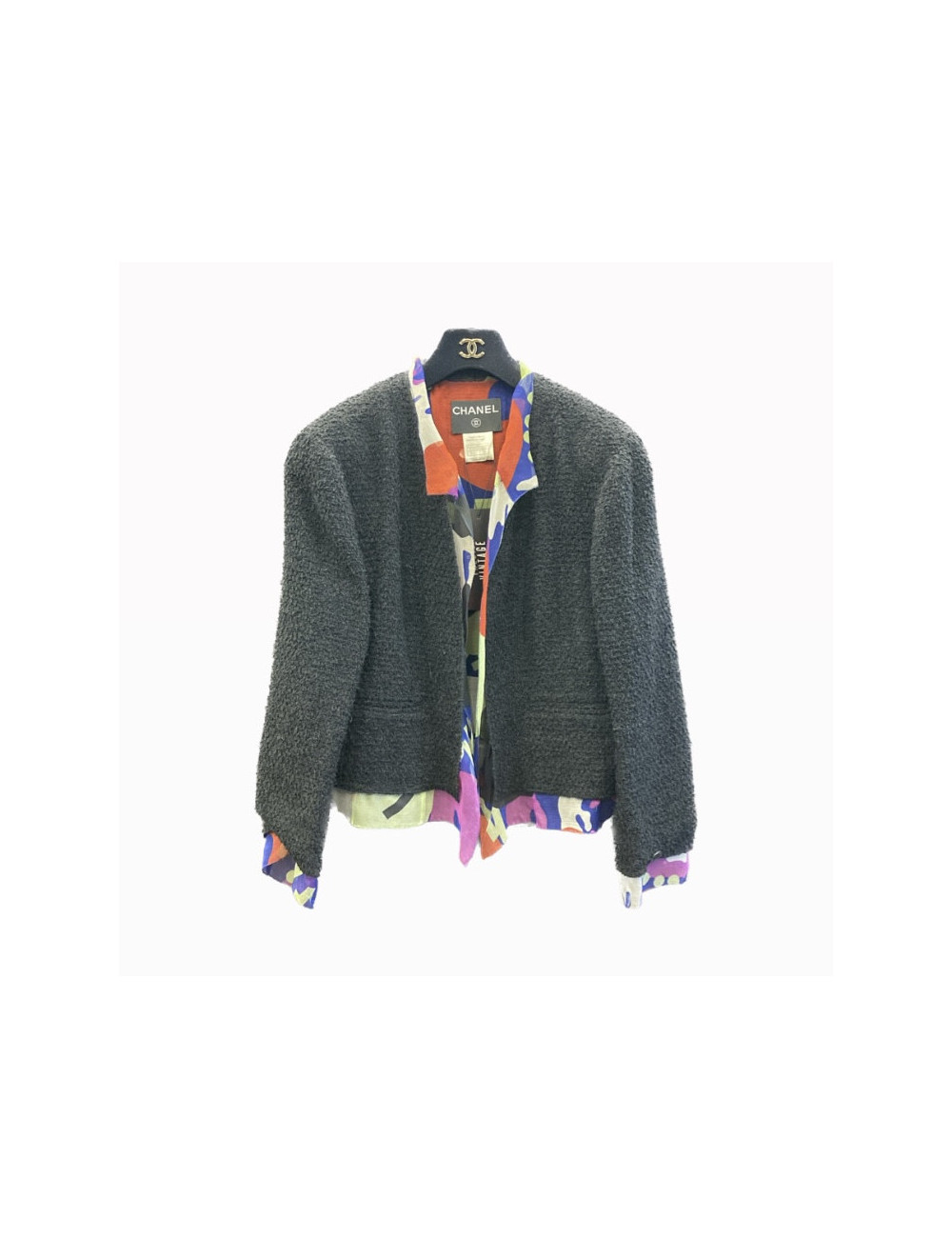 Veste T44 CHANEL en tweed noir avec doublure en soie multicolore