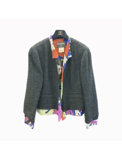Veste T44 CHANEL en tweed noir avec doublure en soie multicolore