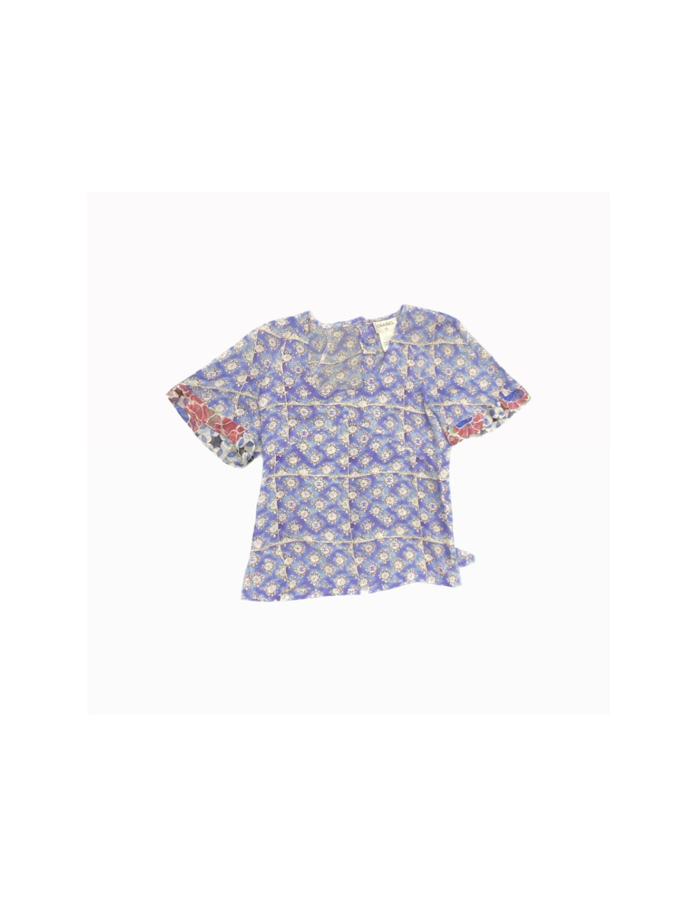 Blouse T 38 CHANEL soie imprimé bleu lavande 