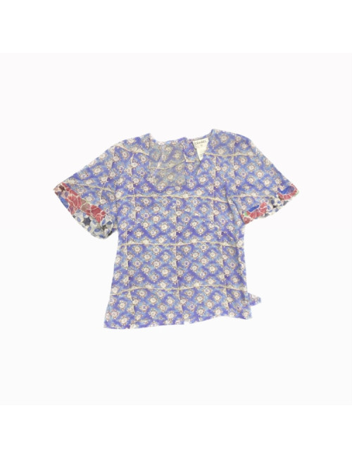 Blouse T 38 CHANEL soie imprimé bleu lavande 