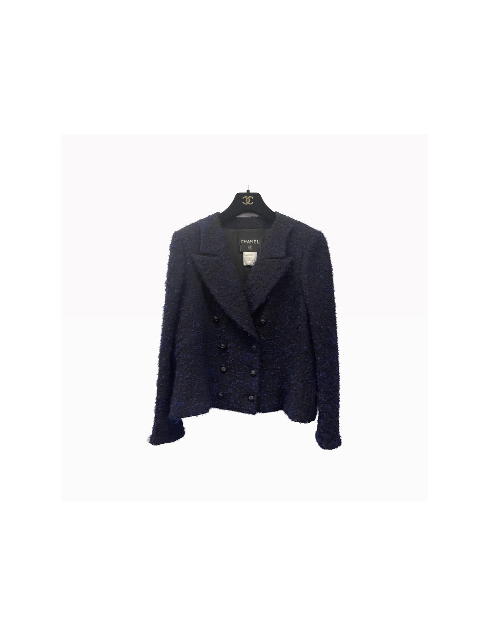 Veste T 38 CHANEL laine et mohair bouclés noir et bleu