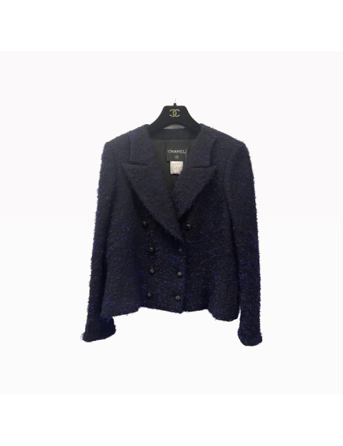 Veste T 38 CHANEL laine et mohair bouclés noir et bleu