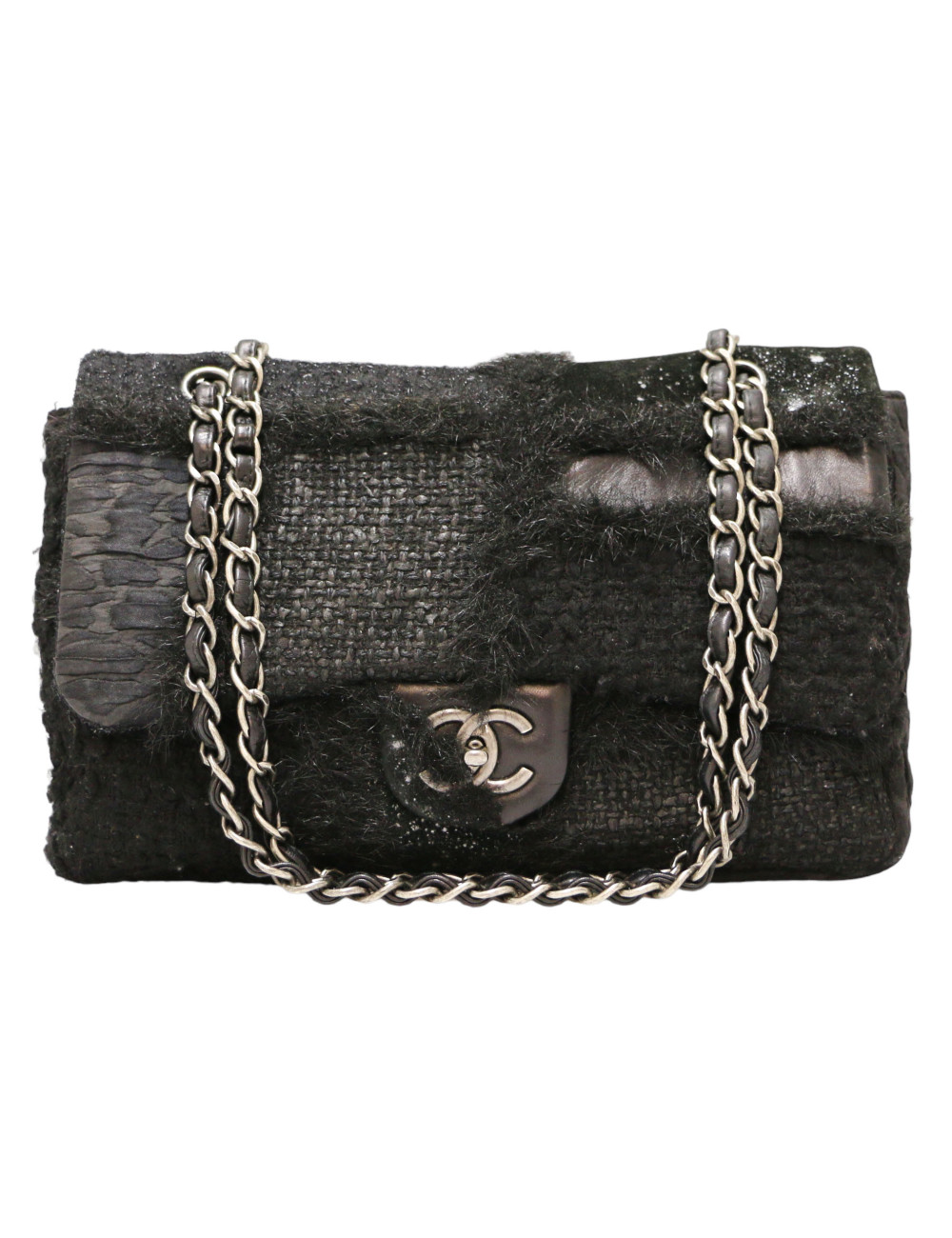 Jumbo CHANEL tweed soie cuir noir