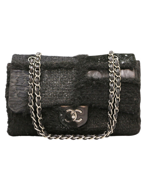 Jumbo CHANEL tweed soie cuir noir