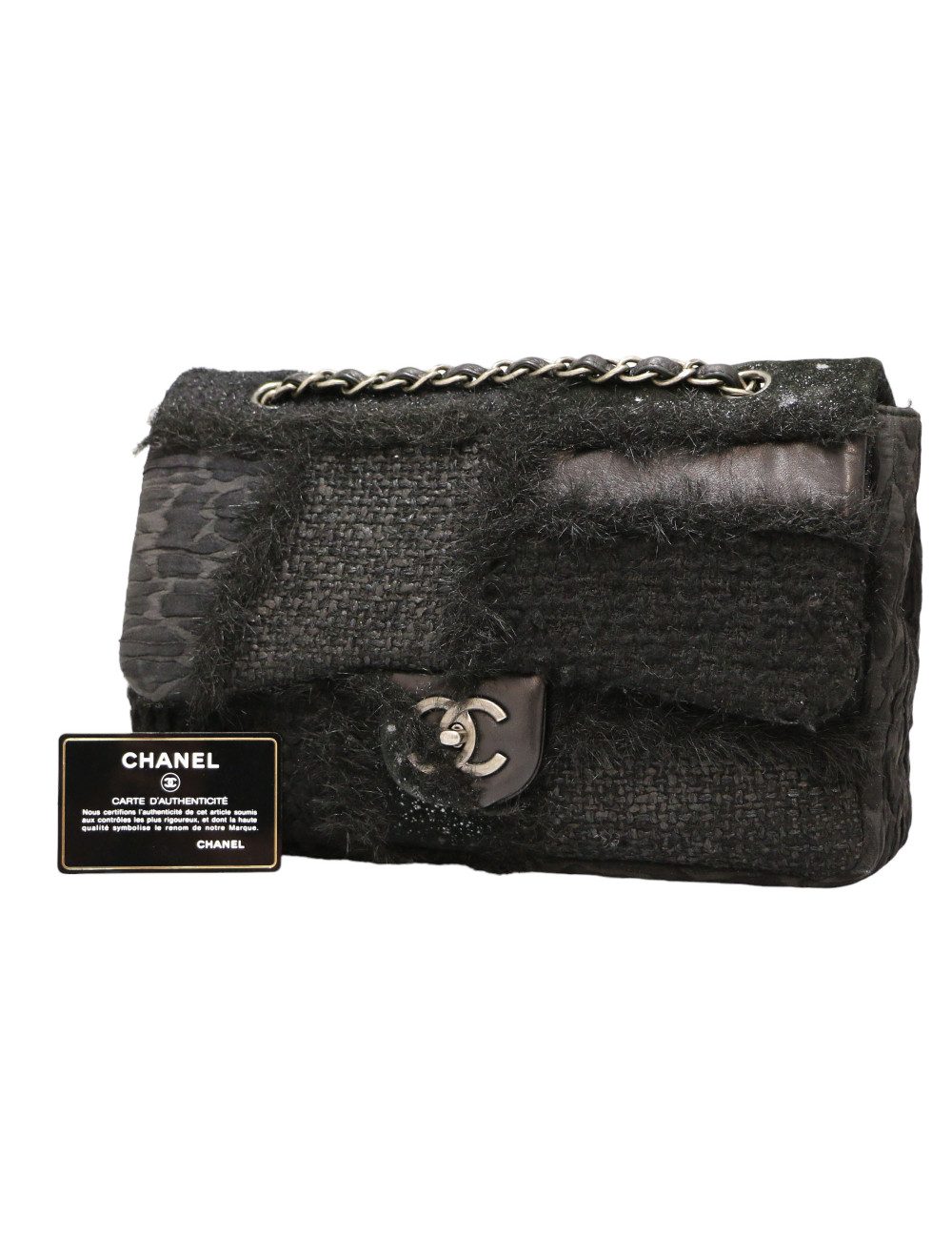 Jumbo CHANEL tweed soie cuir noir