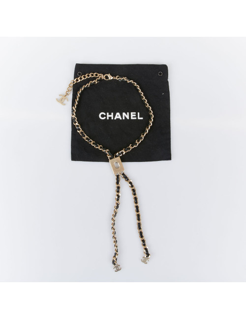 Collier CHANEL chaine entrelacée de cuir noir