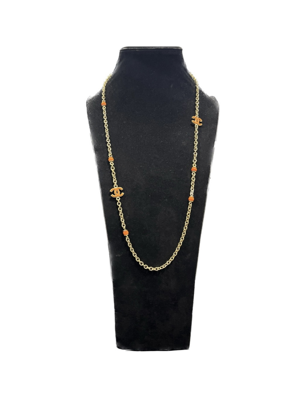 Sautoir CHANEL doré perles corail