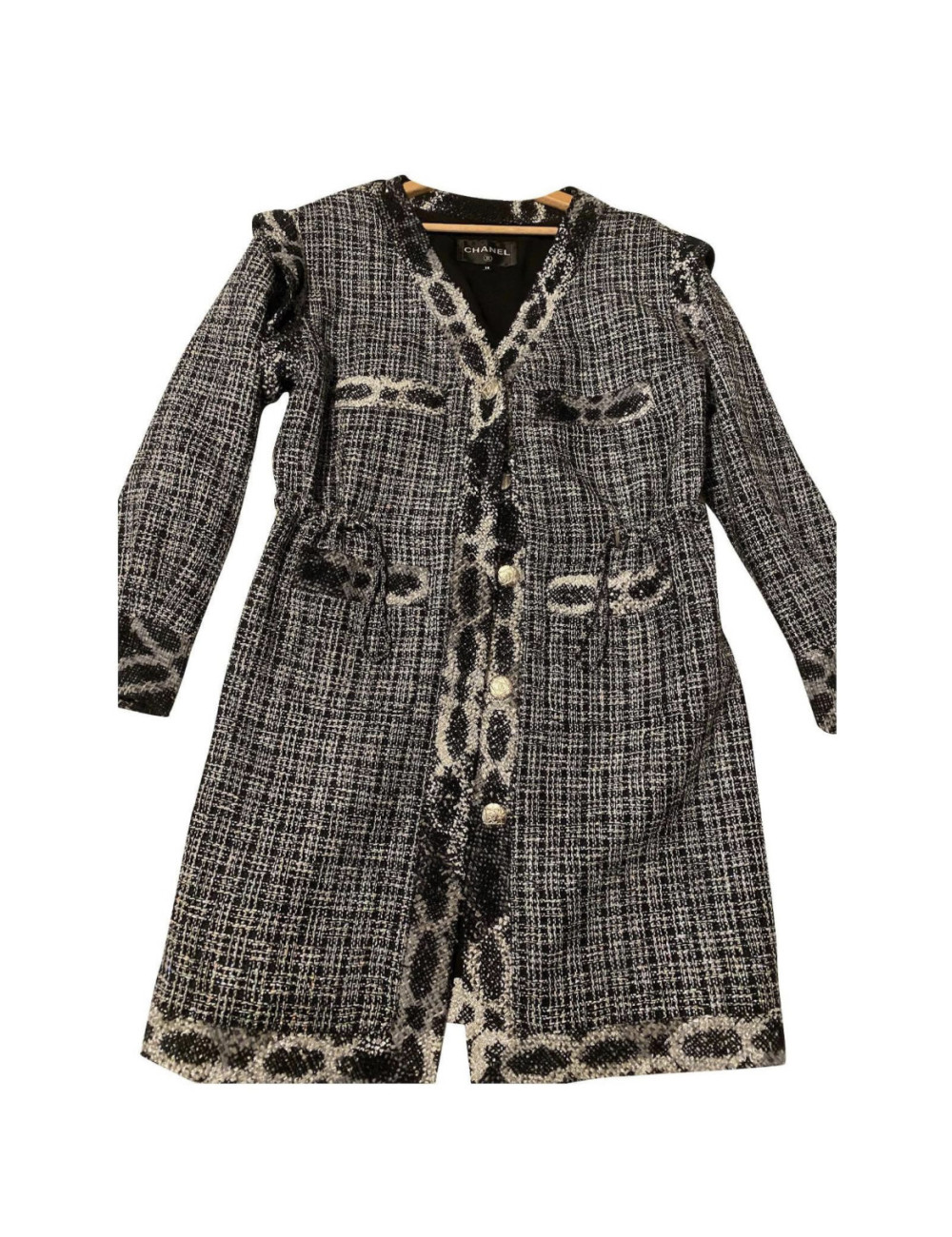Veste longue CHANEL tweed noir et argent