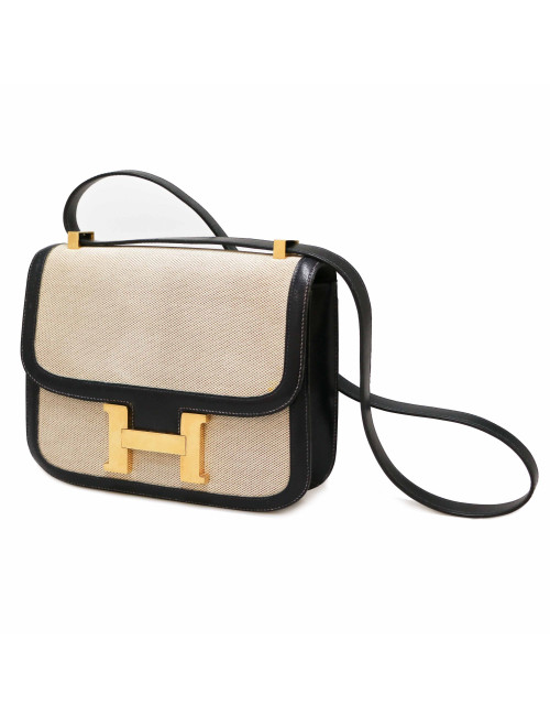 Sac Constance HERMES toile et cuir bleu et beige