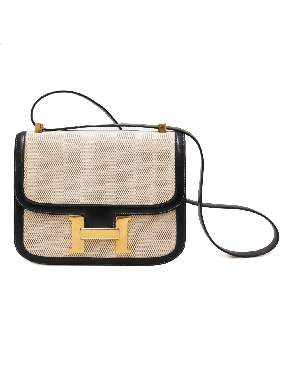 Sac Constance HERMES toile et cuir bleu et beige