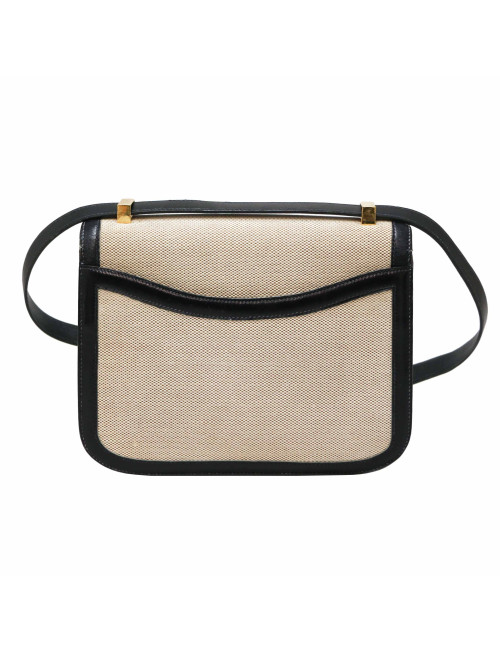 Sac Constance HERMES toile et cuir bleu et beige