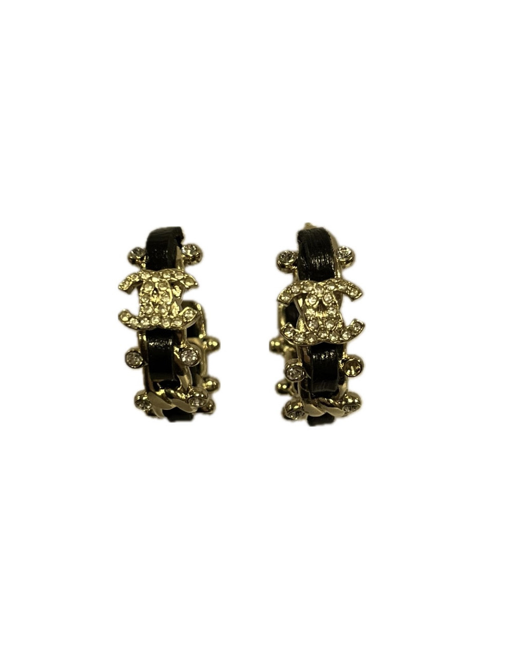 Créoles CHANEL chaine entrelacée de cuir noir strass